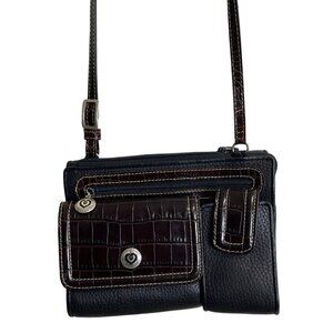 BRIGHTON Small Crossbody Bag Travel Organizer Black Brown Leather Croc-Embossed